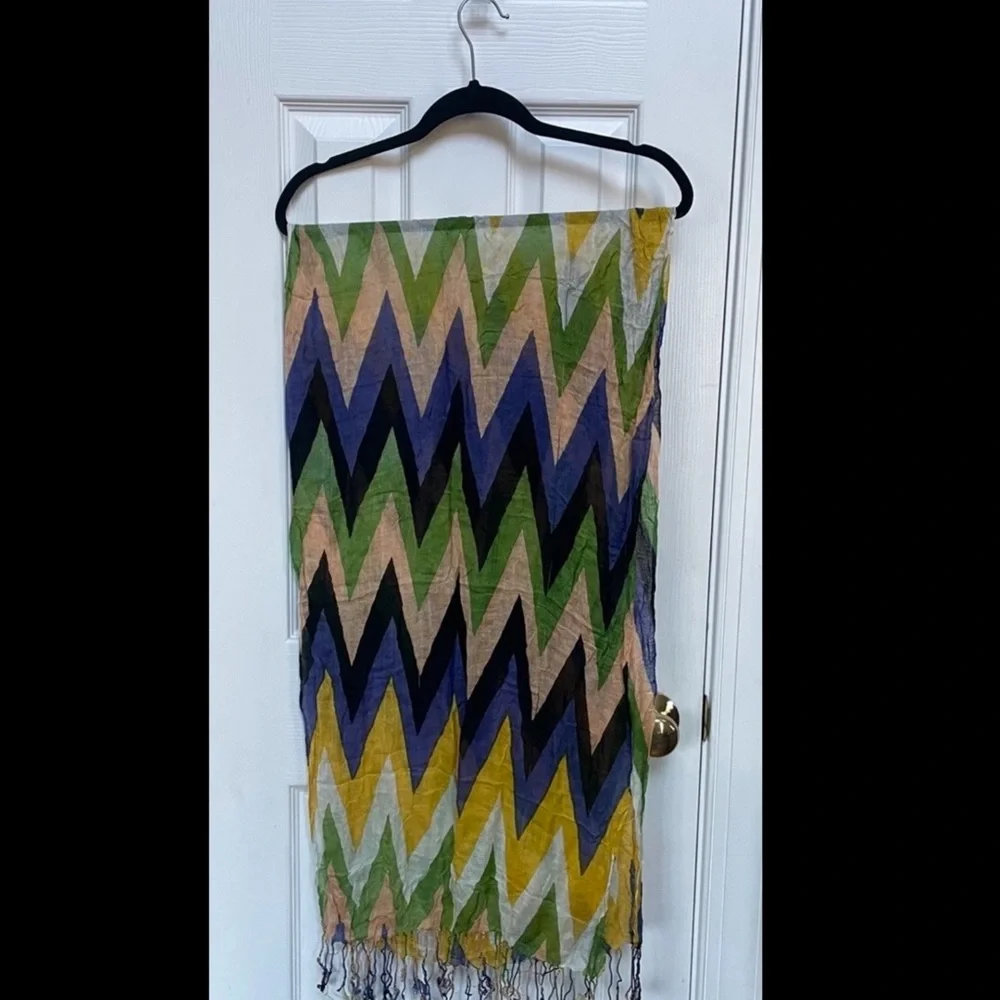 Blue Green White Tan Yellow Black Chevron Zig Zag Print Lightweight Scarf
